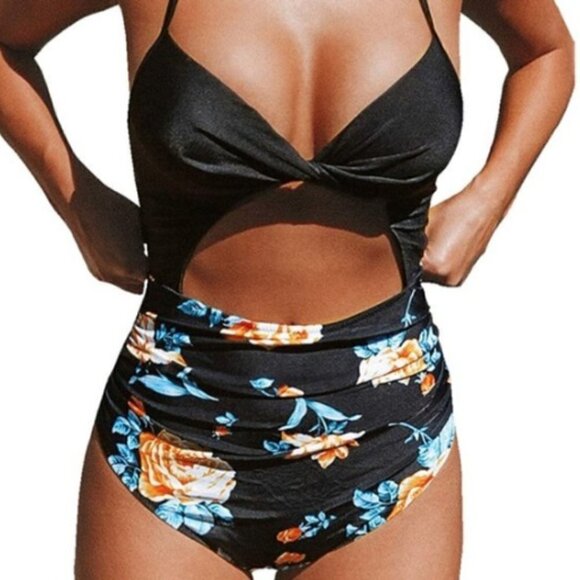 NWT Black Floral Print Halter One Piece Swimsuit Sz S #102D - Picture 8 of 12